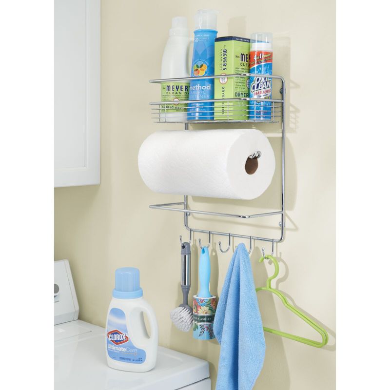 mDesign Metal Wall Mount Paper Towel Holder with Storage Shelf & Hooks - Chrome