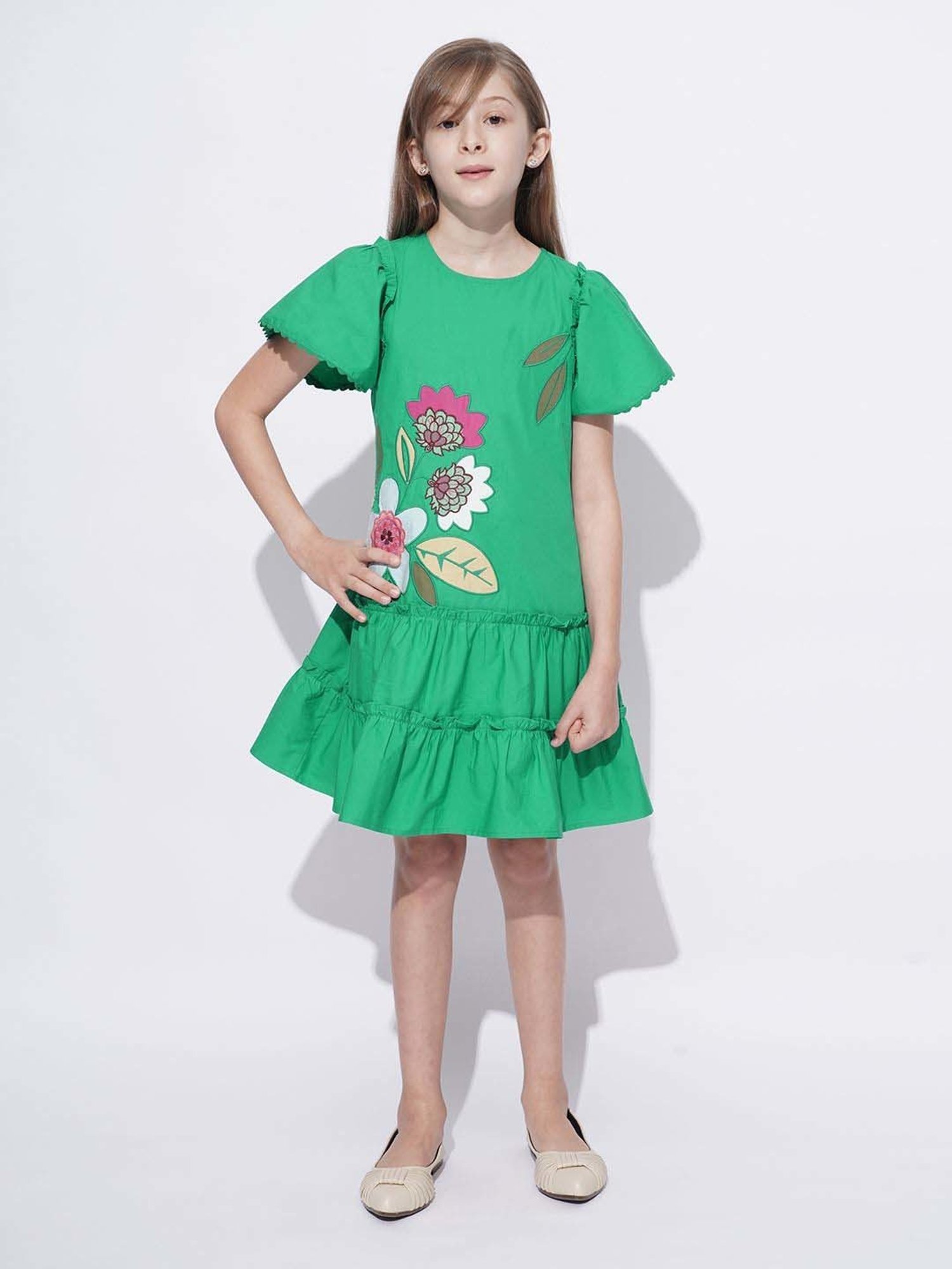 Vero Moda Girls Green Cotton Embroidery Dress
