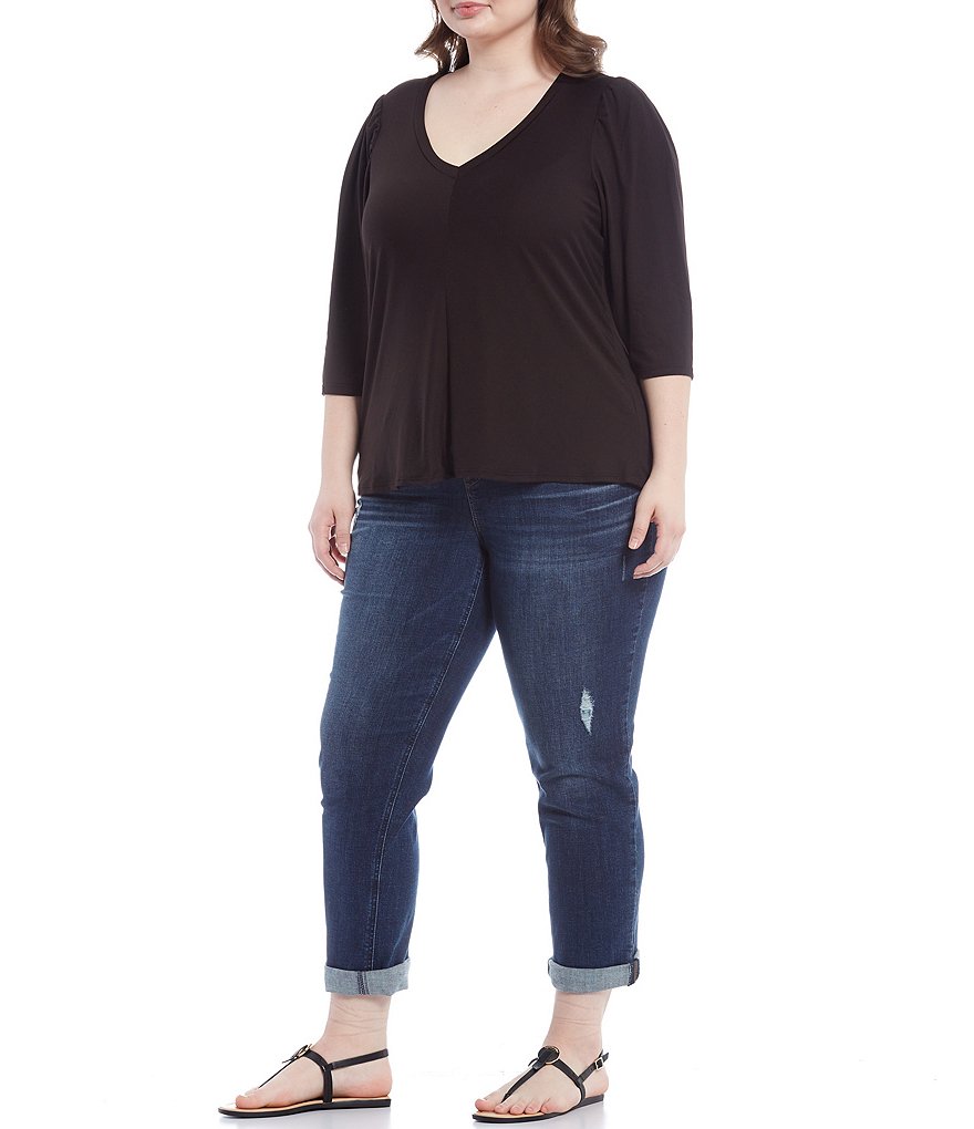 Bobeau Plus Size V-Neck 3/4 Puff Sleeve Knit Top
