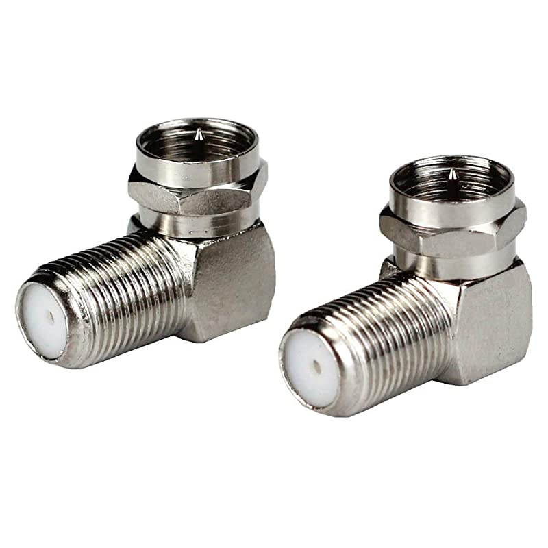 F-Type RG6 Coax Cable Splitter Combiner Adapter Connecter for TV Video Antenna Cable Satellite (2 Pack, 90&deg; F-Type Male to Female)