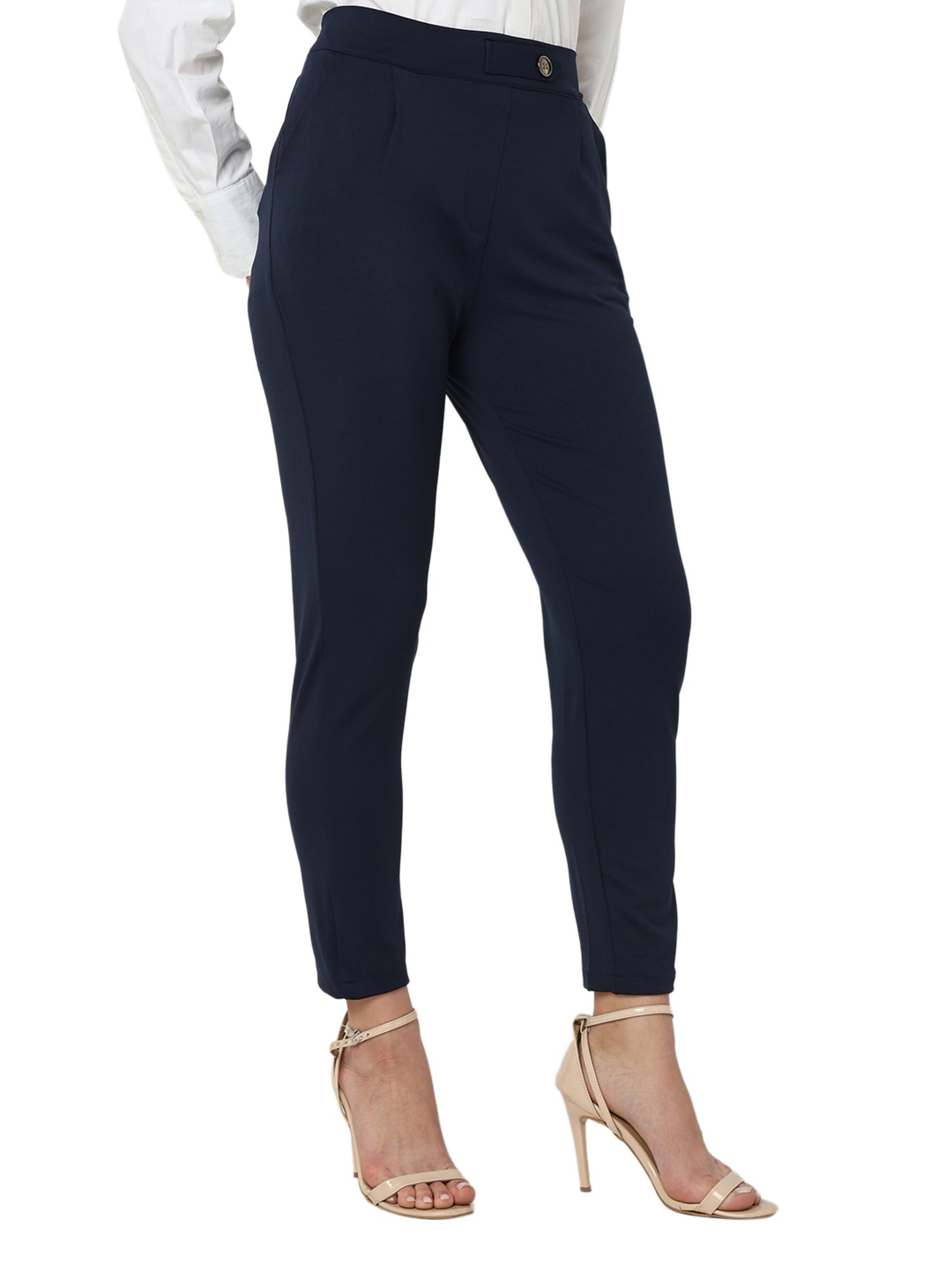 Smarty Pants Navy Cotton Lycra Slim Fit High Rise  Trousers