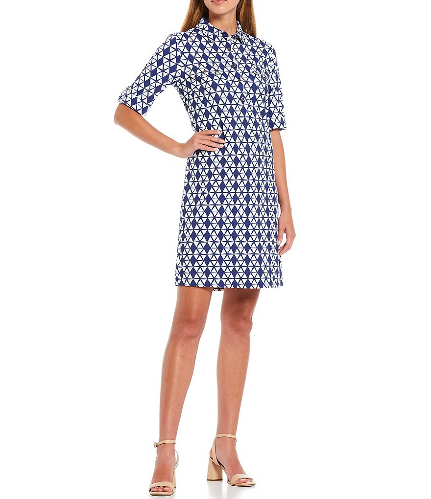 J.McLaughlin Lawrence Geo Diamond Print Knit Roll-Tab Elbow Sleeve Shirtdress