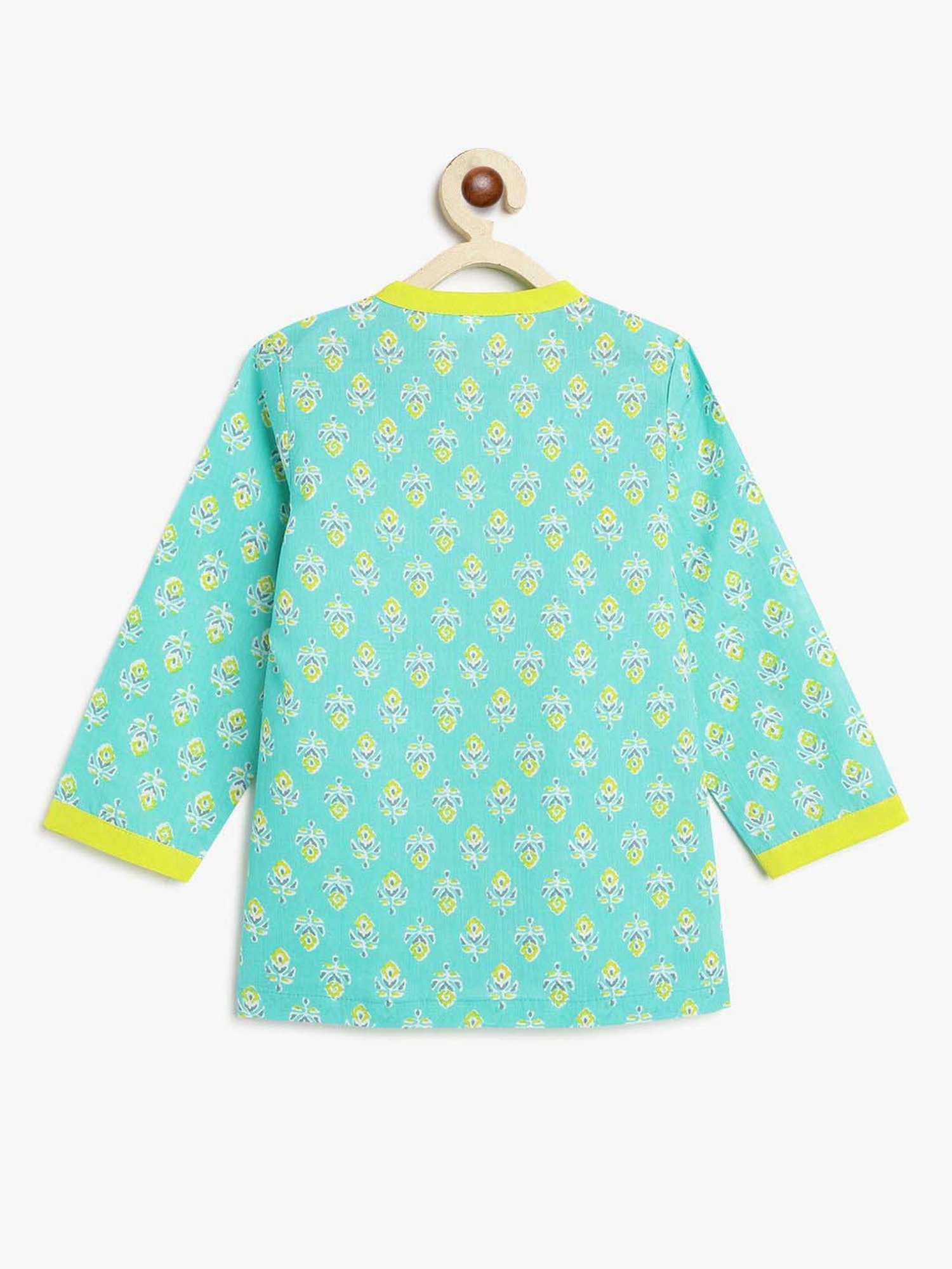 Campana Kids Blue & Green Cotton Printed Full Sleeves Kurta & Dhoti