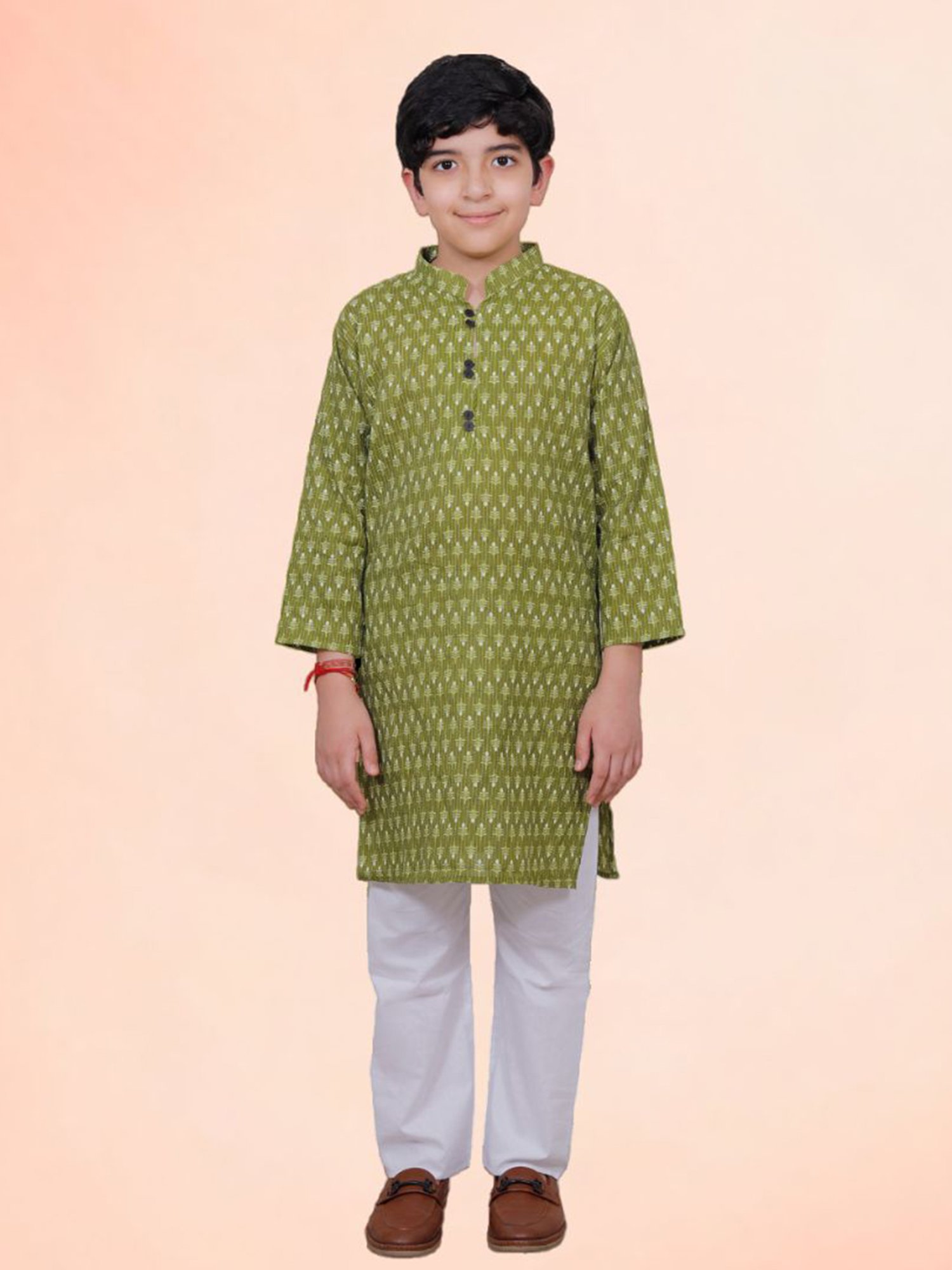 Tippy Top Kids Olive & White Printed Full Sleeves Kurta with Pyjamas
