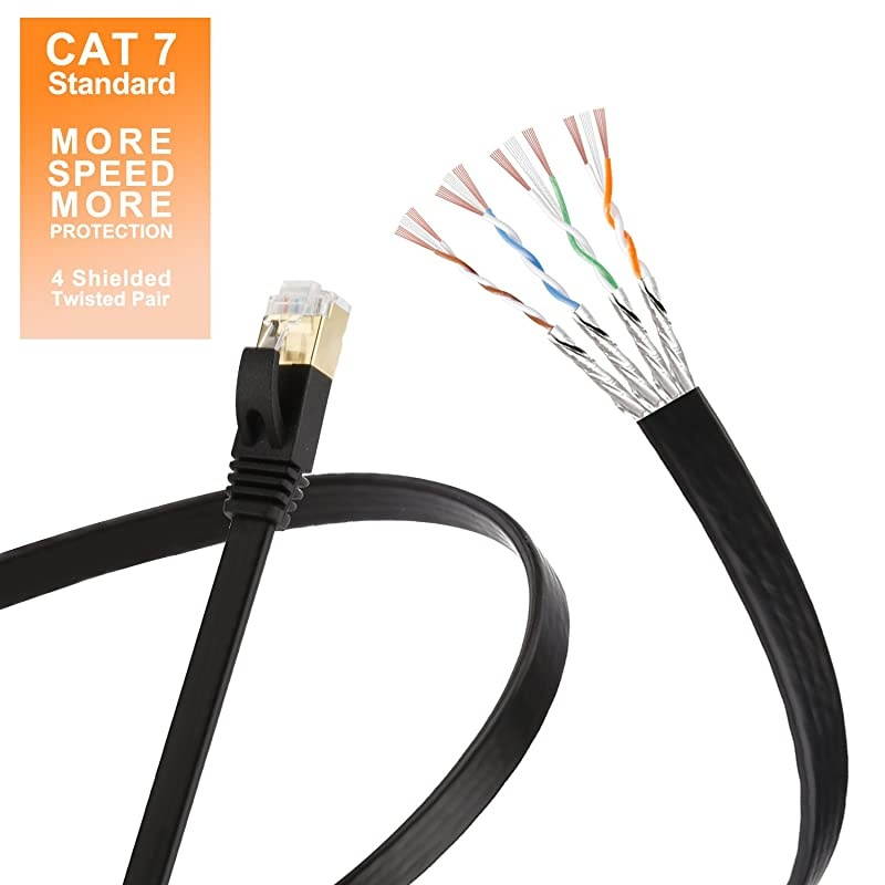 7 Ethernet Cable 50 ft Shielded, Durable Flat Internet Lan Computer patch cord, faster than 5e/cat6, High Speed 7 RJ45 Solid Network Wire for Router, Modem, Xbox, PS4, Camera, Hubs - Black