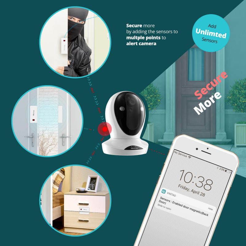 Vimtag Premium Home Security Kit | P1 Camera w/ Magnetic Sensors, Wireless Video Monitoring and Surveillance, State of the Art Sensors, Pan/Tilt with Two-Way Audio & Night Vision, Plug/Play.