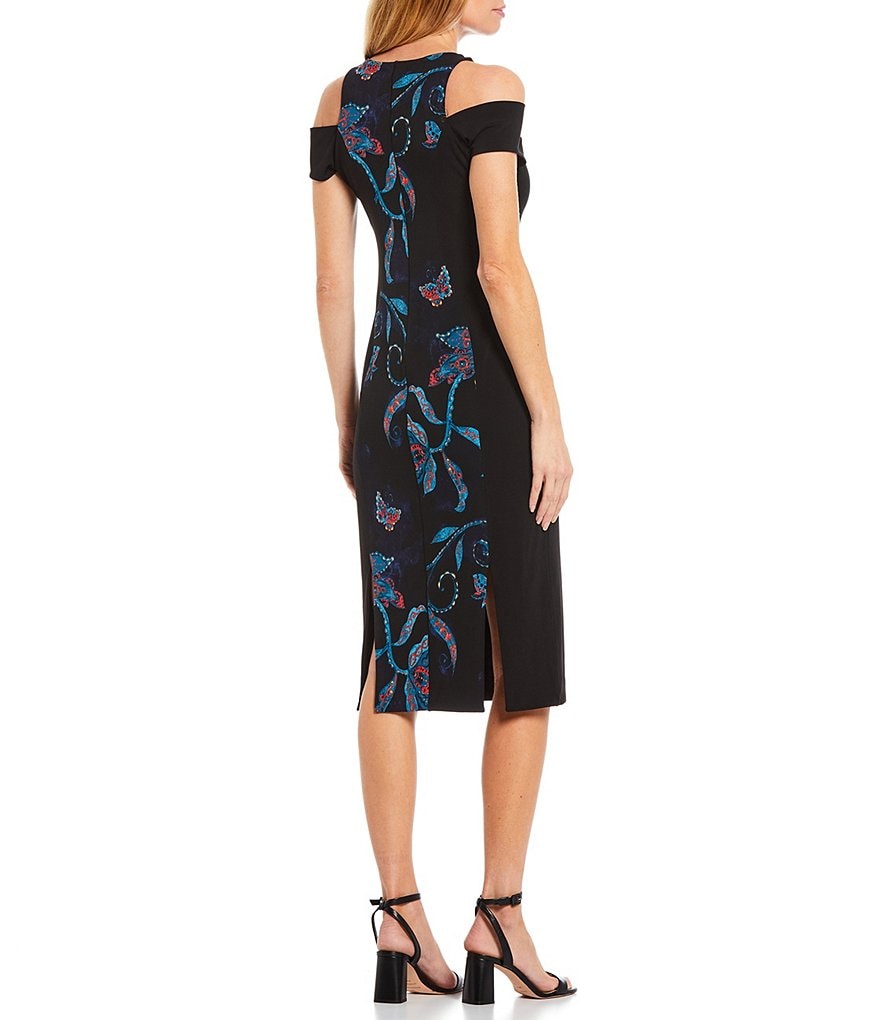 Eva Varro Solid & Paisley Floral Print Knit Round Neck Open Shoulder Short Sleeve Four Slit Hem Sheath Dress