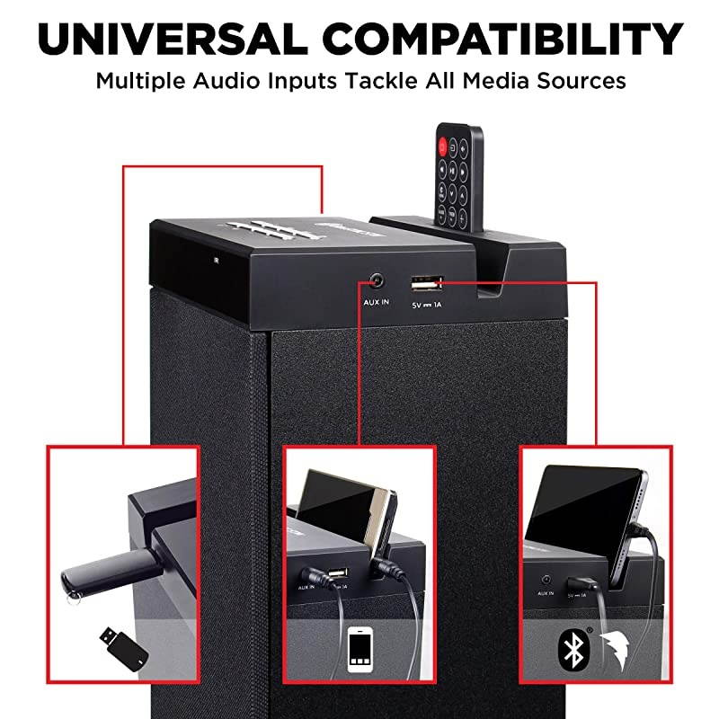 Bluetooth Tower Speaker with Builtin Subwoofer BlueSYNC STW Floor Standing Speaker Tower with Thumping Bass Immersive 120W Peak Power AUX Flash Drive MP3 FM Radio USB Port Single