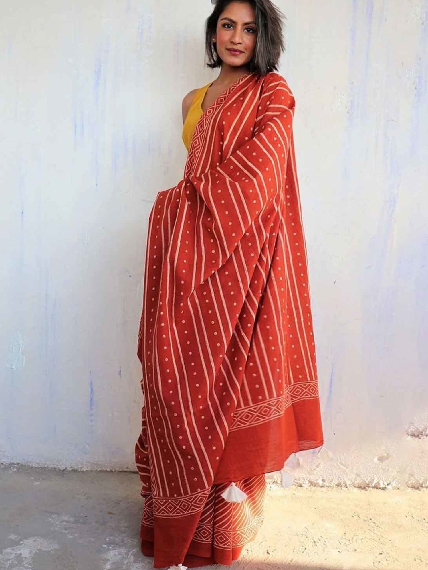 Chidiyaa Rust Block Printed Cotton Mulmul Saree - Butterfly Girls