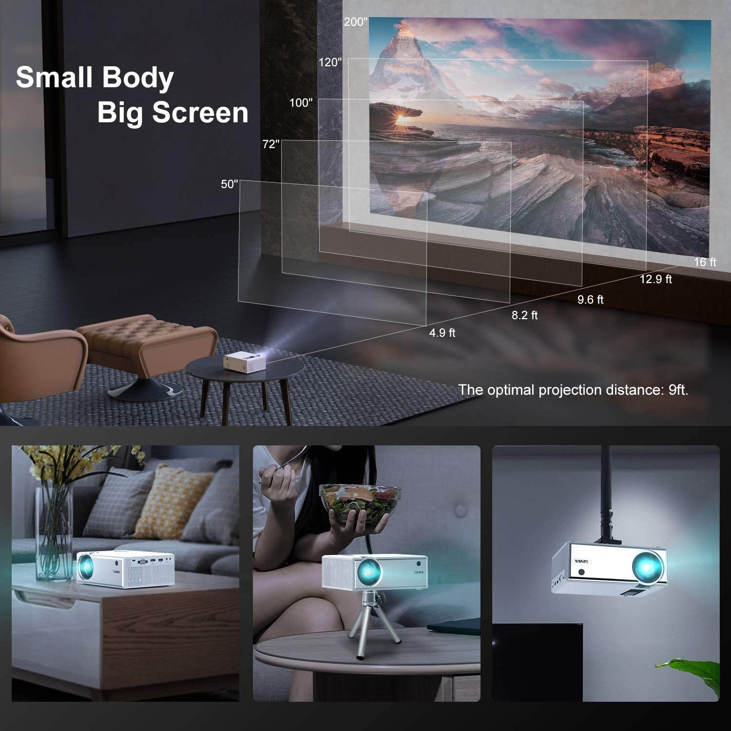 YABER Y61 WiFi Mini Projector 6000L Full HD 1080P and 200" Supported, Portable Wireless Mirroring Projector for iOS/Android/TV Stick/PS4/PC Home & Outdoor
