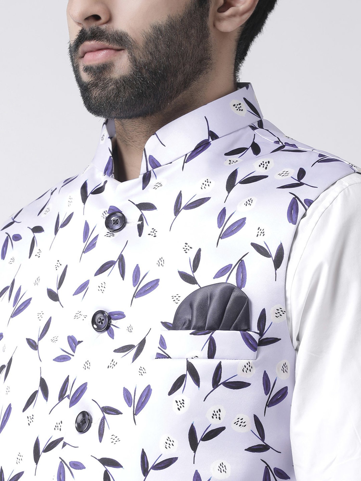 Hangup Plus White & Purple Regular Fit Printed Nehru Jacket