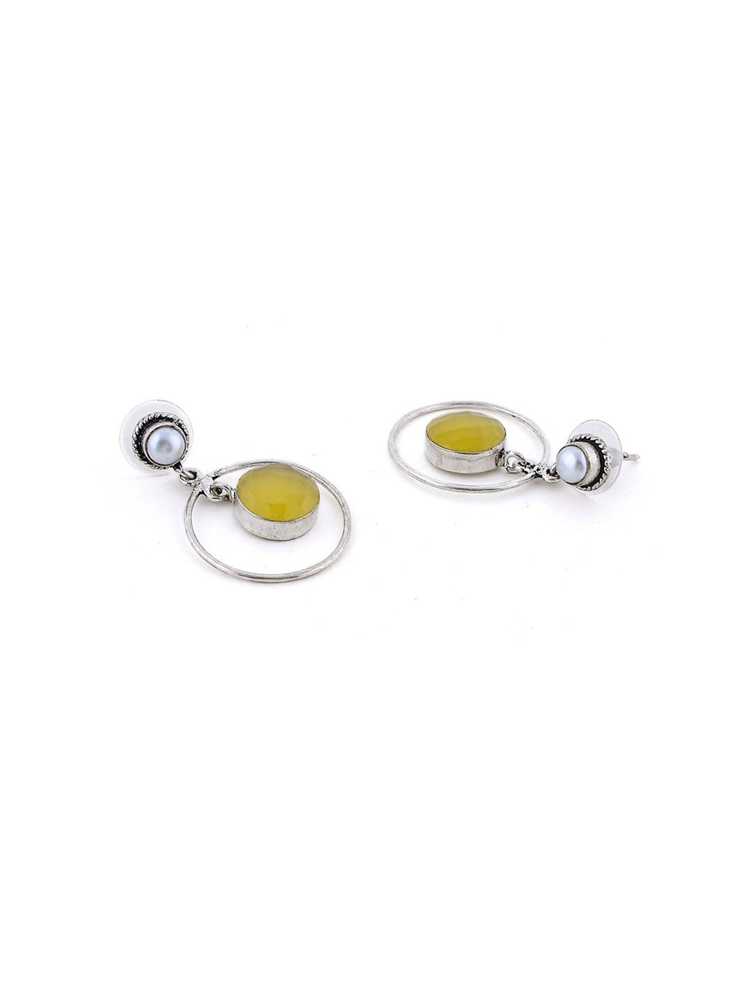 Imli Street Yellow-White Silver Tone Stone-Studded Handcrafted Drop Earrings