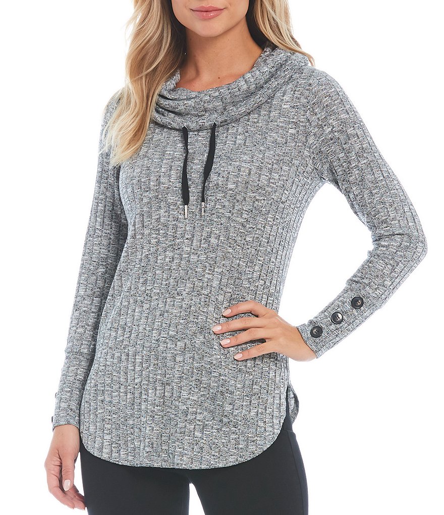 I.N. Studio Solid Drawstring Cowl Neck Long Sleeve Top