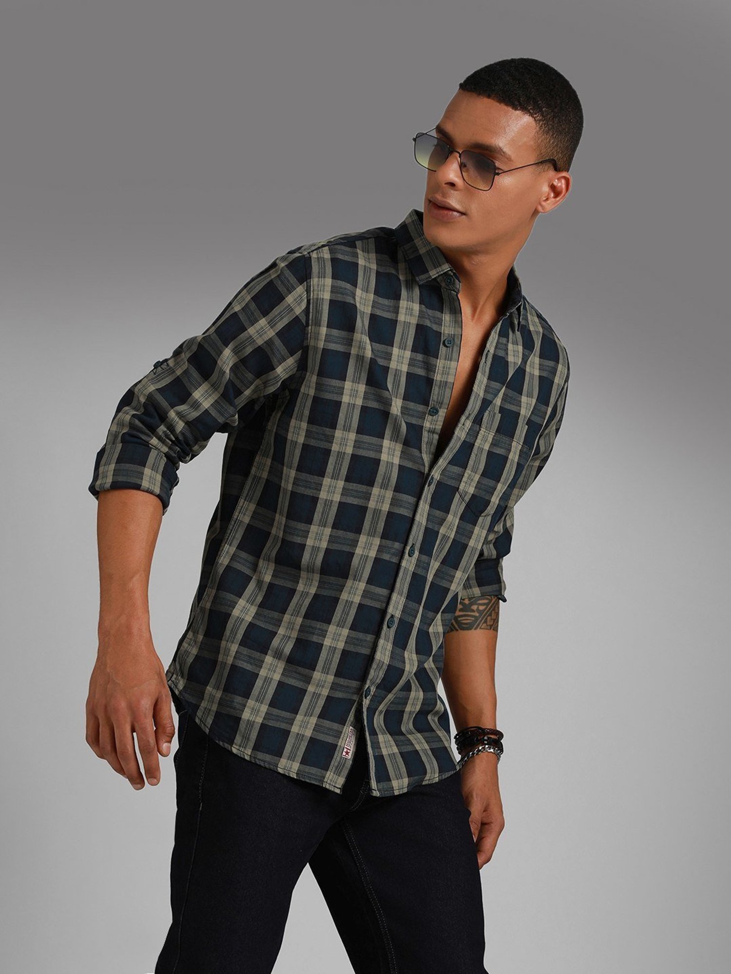 High Star Green Cotton Regular Fit Checks Shirt