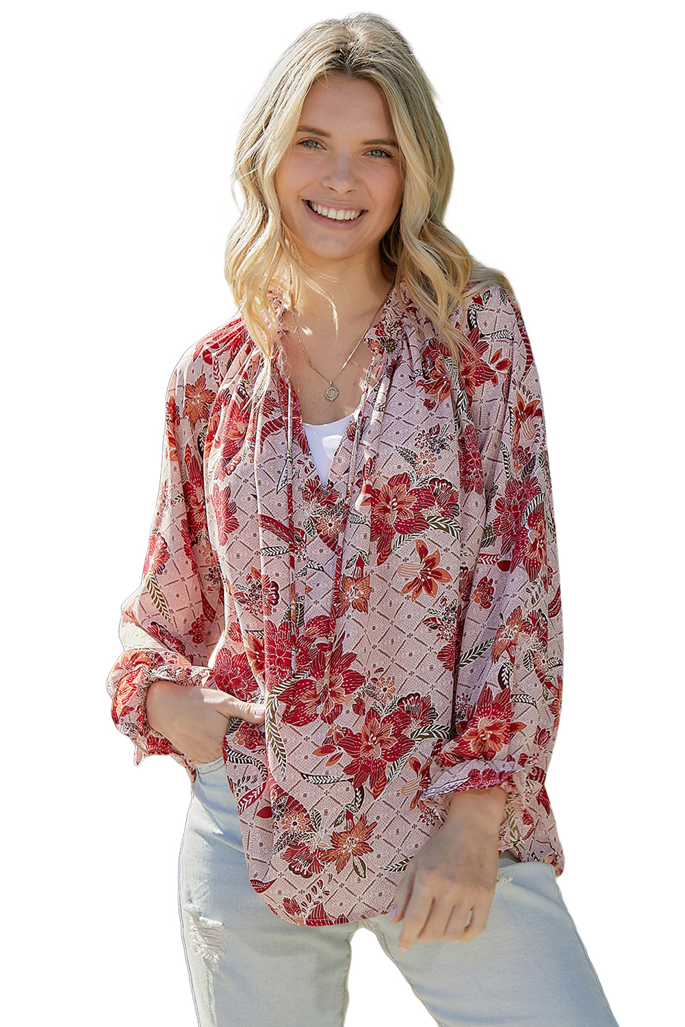 One World Apparel Jacquard Square Neck Short Sleeve Ivory Multi Floral Print Top