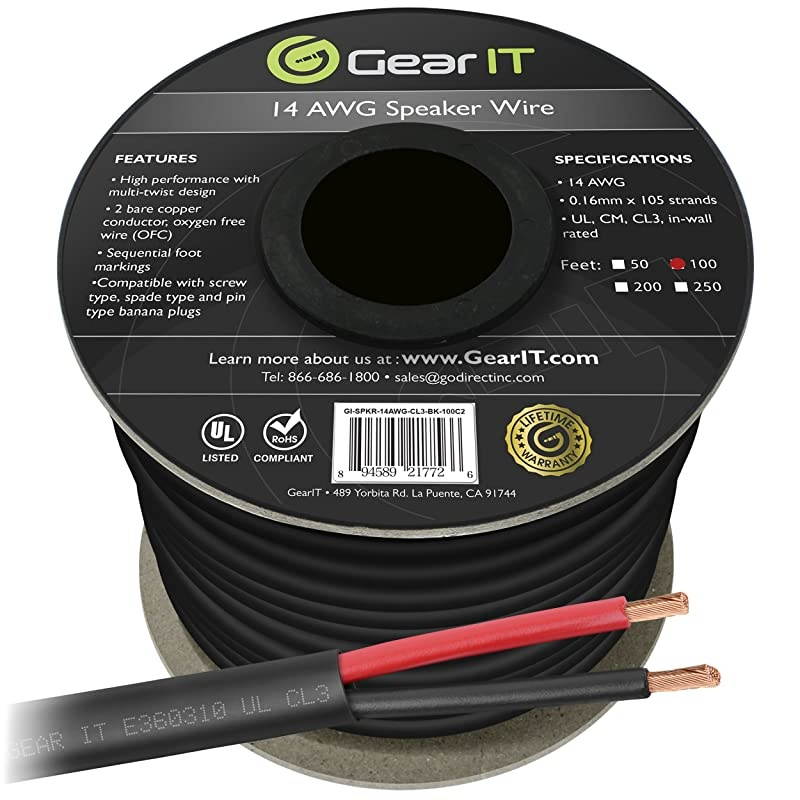 Pro Series (100 Feet) Oxygen Free Copper UL 14 AWG Gauge CL3 Rated OFC Speaker Wire, Black