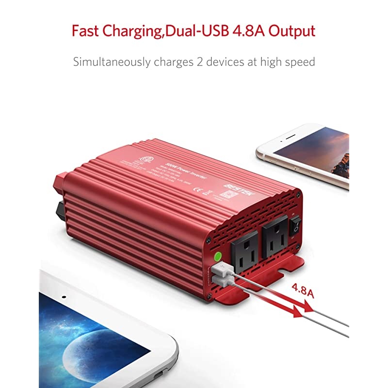 500W Power Inverter DC 12V to 110V AC Converter with Alligator Battery Clamp 48A Dual USB Car Charger ETL Listed