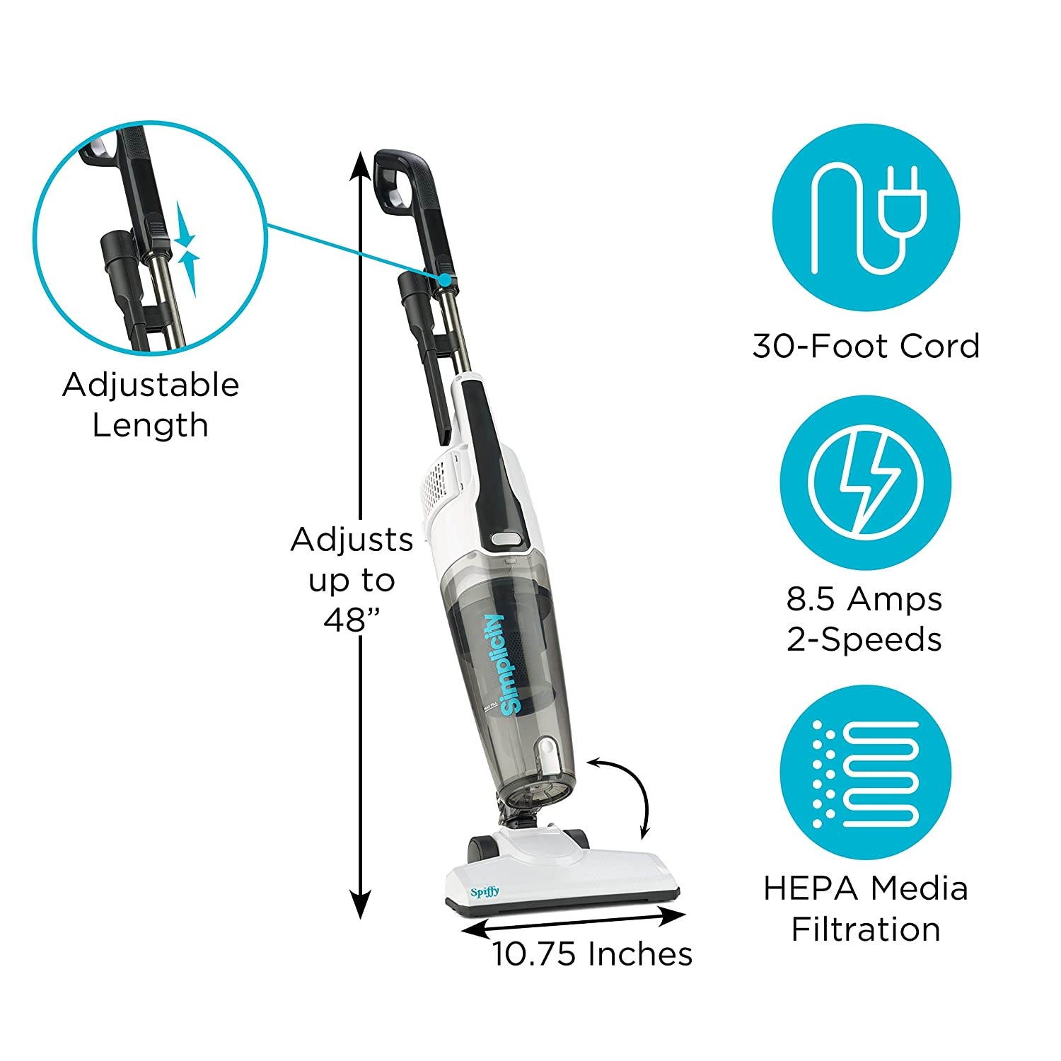 Simplicity S60 Spiffy Bagless Stick Vacuum Cleaner | HEPA Media Filter| Bagless | Corded | Hardwood