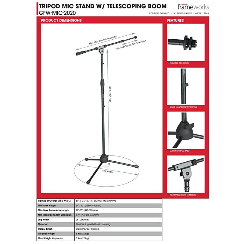 Frameworks Tripod Mic Stand with Soft Grip Twist Clutch, Boom Arm, and Both 3/8" and 5/8" Adapters; Min/Max Height - 6"/99" (GFW-MIC-2020),Black