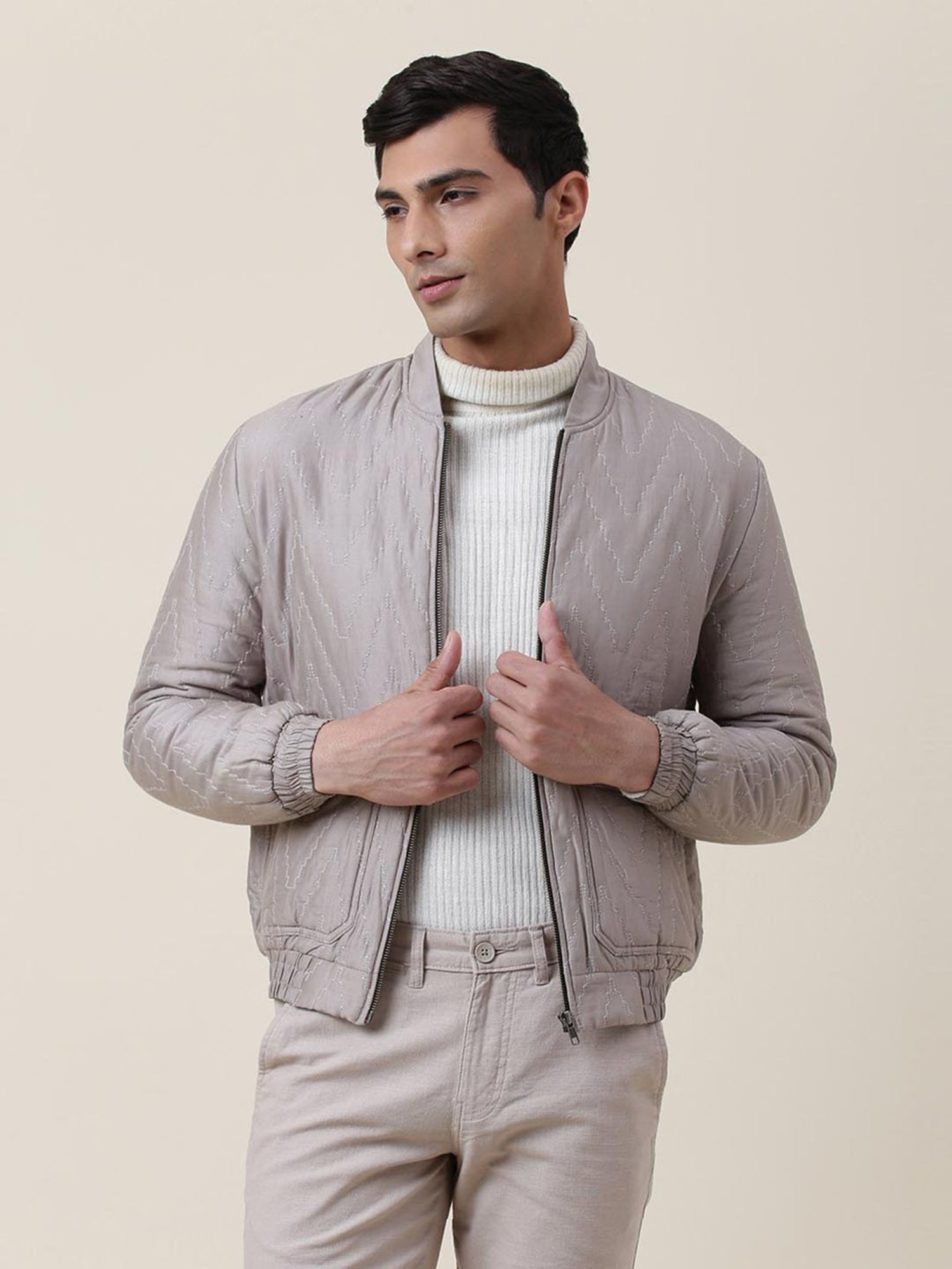 Fabindia Grey Straight Fit Quilted Bomber Jacket