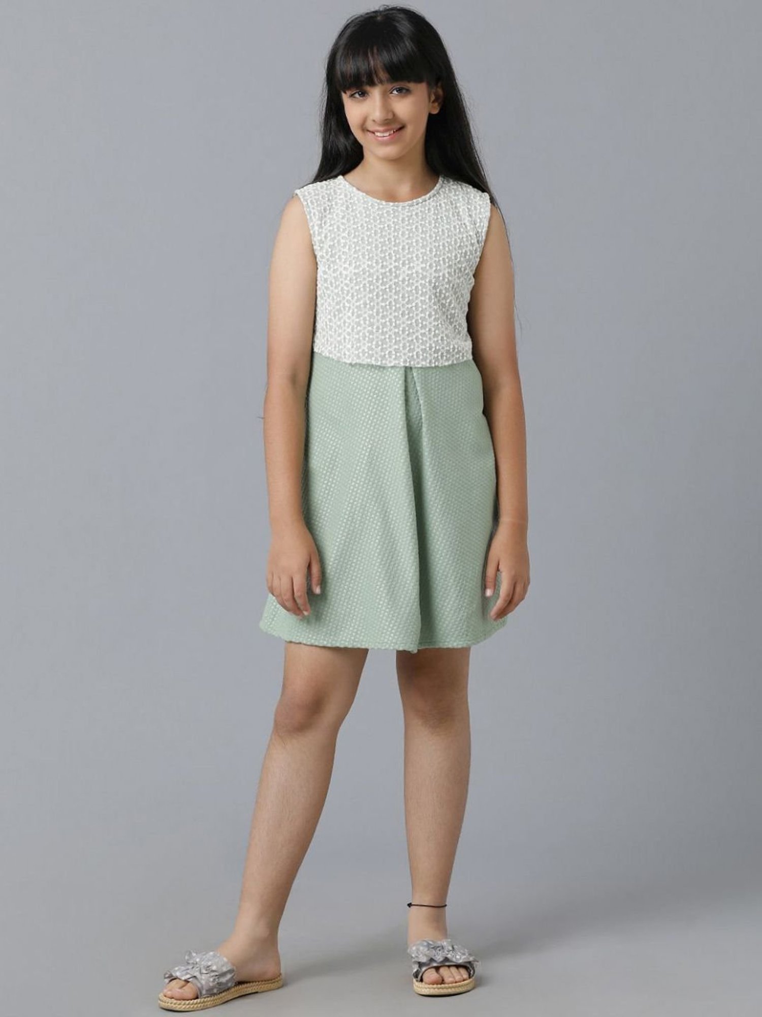 Under Fourteen Only Kids Green Cotton Embossed Dress