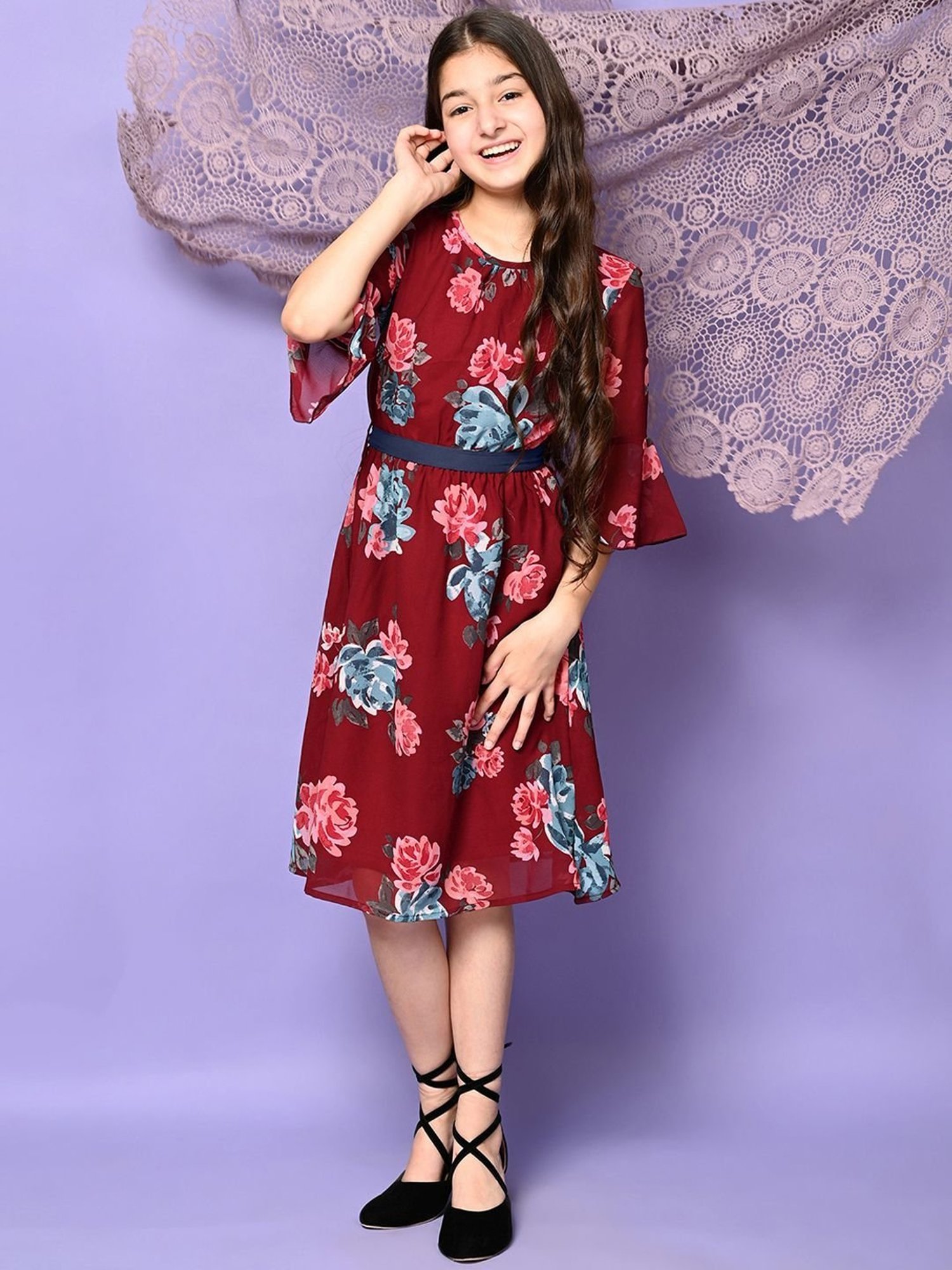 LilPicks Kids Maroon & Sky Blue Floral Print Dress