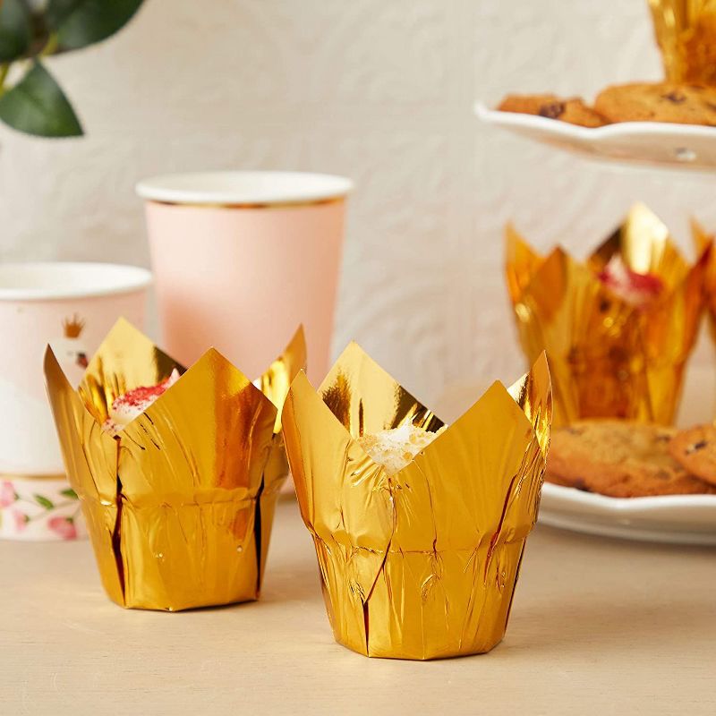 Sparkle and Bash 100 Pack Gold Tulip Cupcake Liners, Foil Muffin Wrappers, Baking Cups (3.35 x 3.5 In)