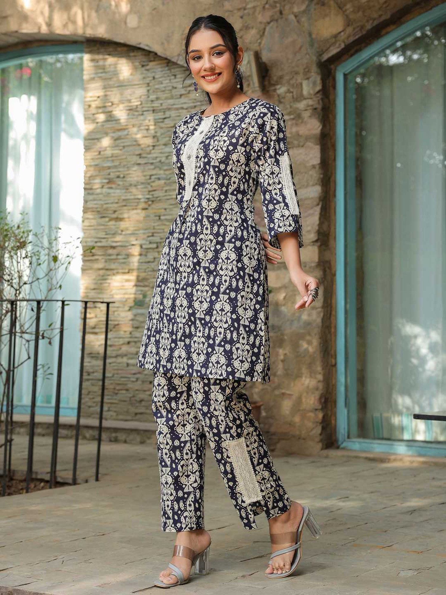 Rain and Rainbow Navy Cotton Printed Kurti & Pant Set