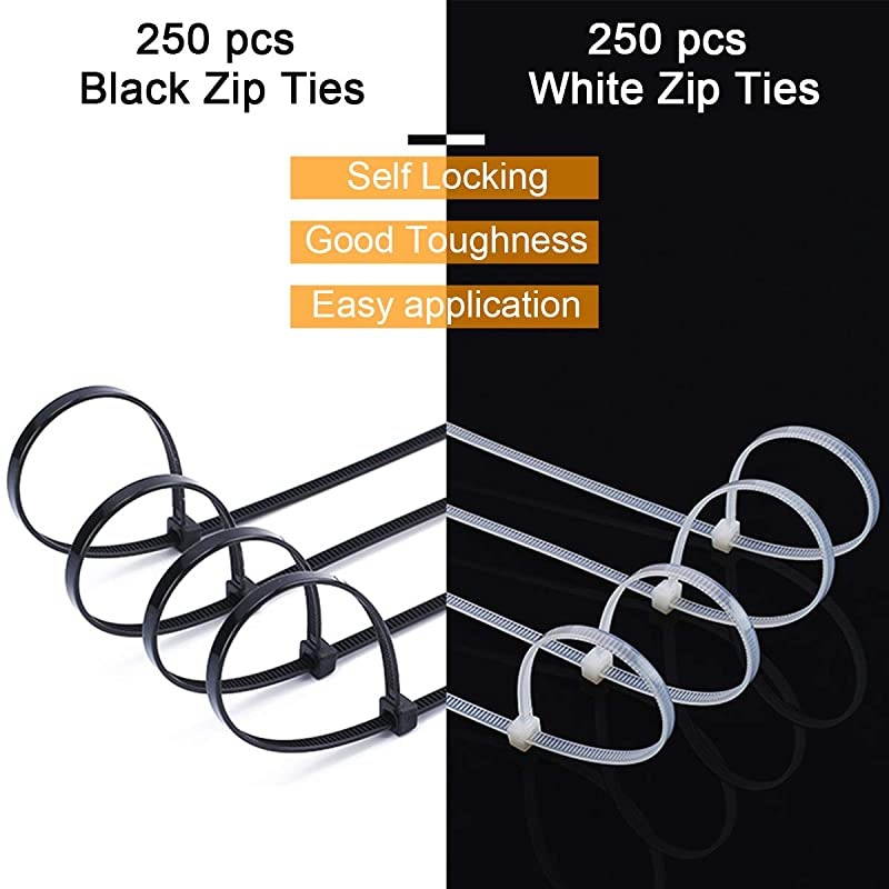 500 Pack Zip Ties Assorted Sizes, ALL Thickened Width 0.19 inch 50 pound Wire Tie Wraps,  Black Plastic Nylon Cable Tie, UV & Heat Resistant Indoor Outdoor Multi-purpose 4-6-8-10-12 Inch