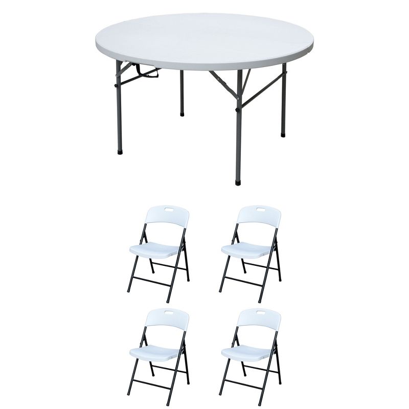 Plastic Development Group 4 Foot Round Fold In Half Folding Banquet Table and 4 Pack of Outdoor Plastic Folding Party Chair, White