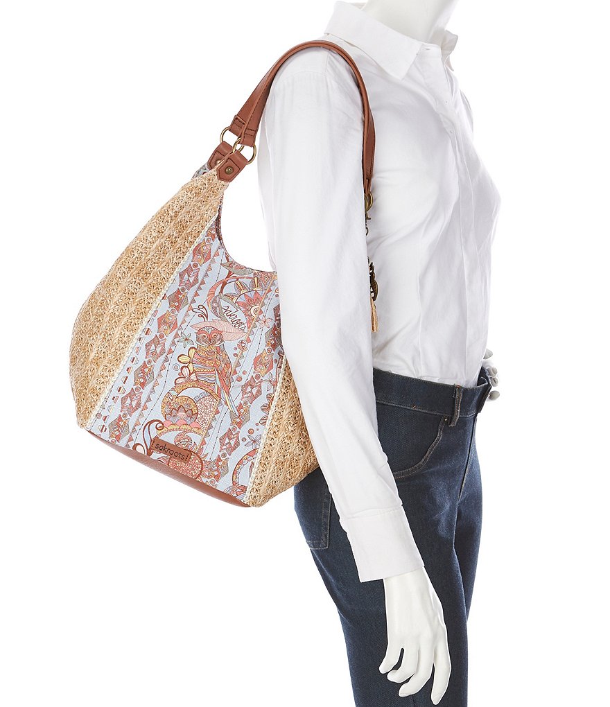Sakroots Roma Straw Canvas Snap Floral Hobo Tassel Bag