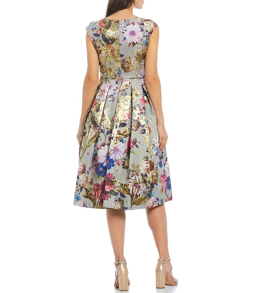 Aidan Mattox V-Neck Cap Sleeve Metallic Floral Brocade Pleated Midi Dress