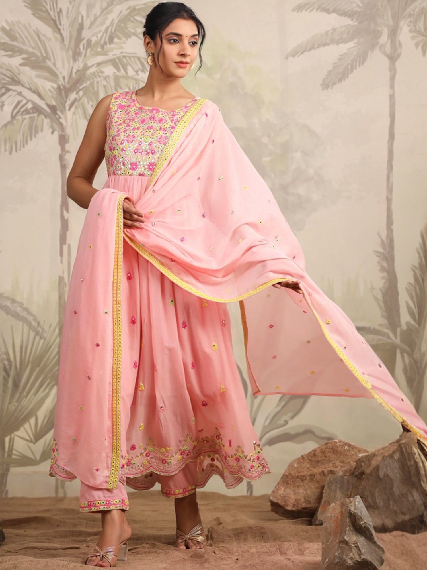 SCAKHI Pink Cotton Embroidered Kurta Pant Set With Dupatta
