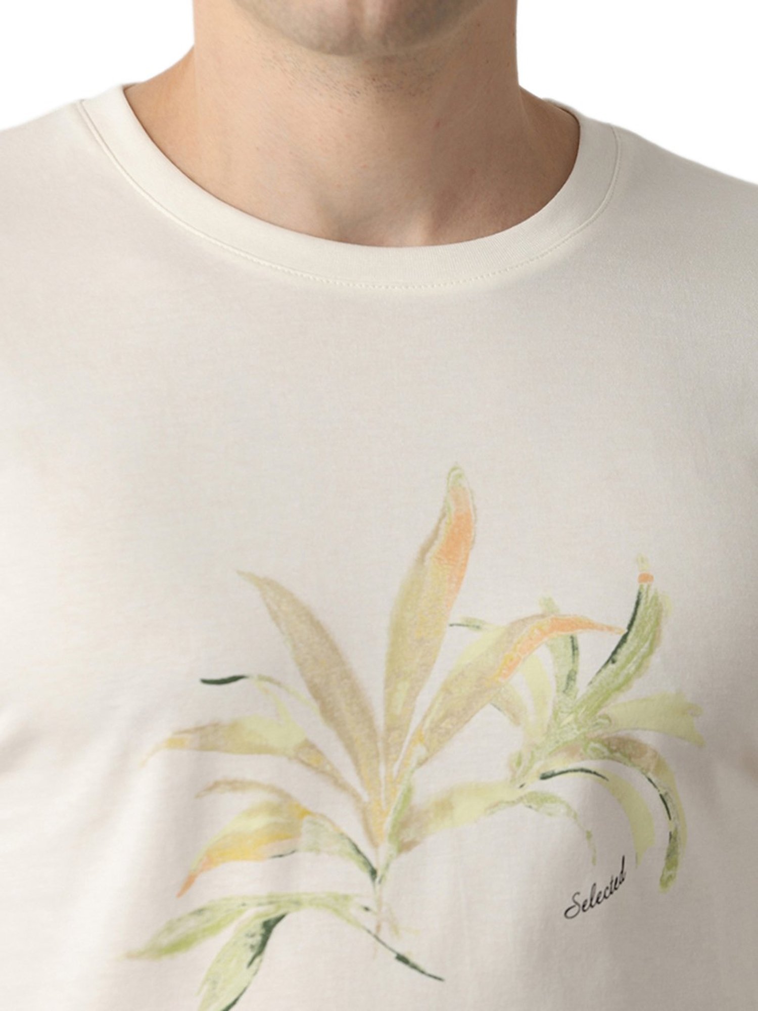 SELECTED HOMME Off White Slim Fit Printed Crew T-Shirt