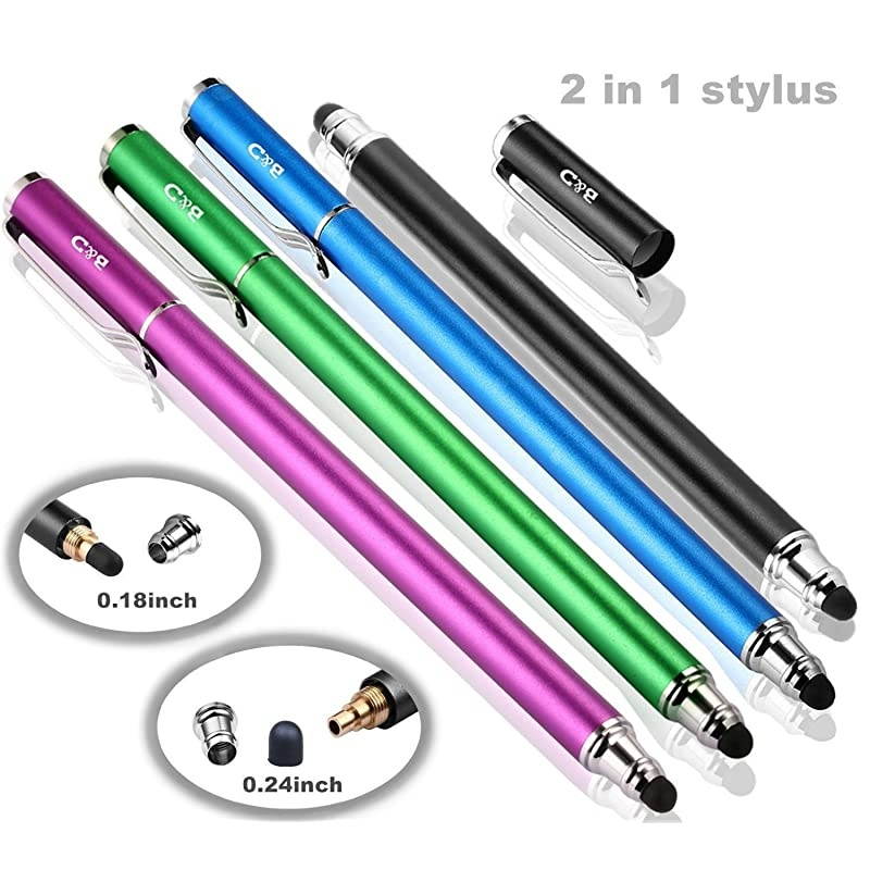 Capacitive Stylus / Styli 2-in-1 Universal Touch Screen Pen for All Touch Screen Tablets / Cell Phones with 20 Extra Replaceable Soft Rubber Tips (4 Pieces, Black/Blue/Purple/Green)