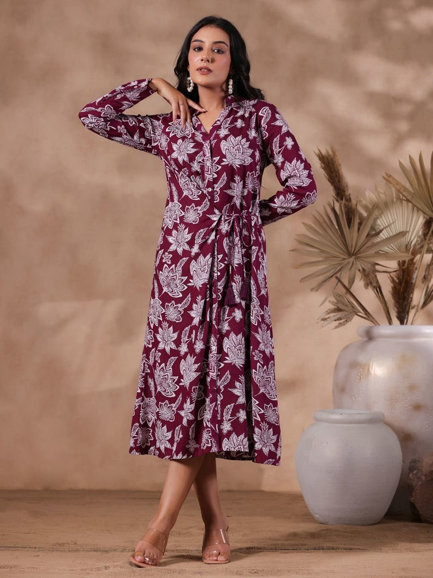 Ishin Purple Floral Print Shirt Dress