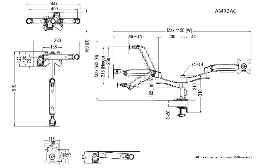 Amer AMR2AC Articulating Dual Monitor Mount - 15" to 27" Monitors