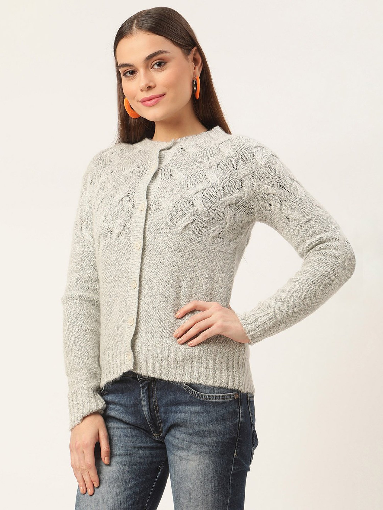 Rooted Grey Self Design Round Neck Sweater