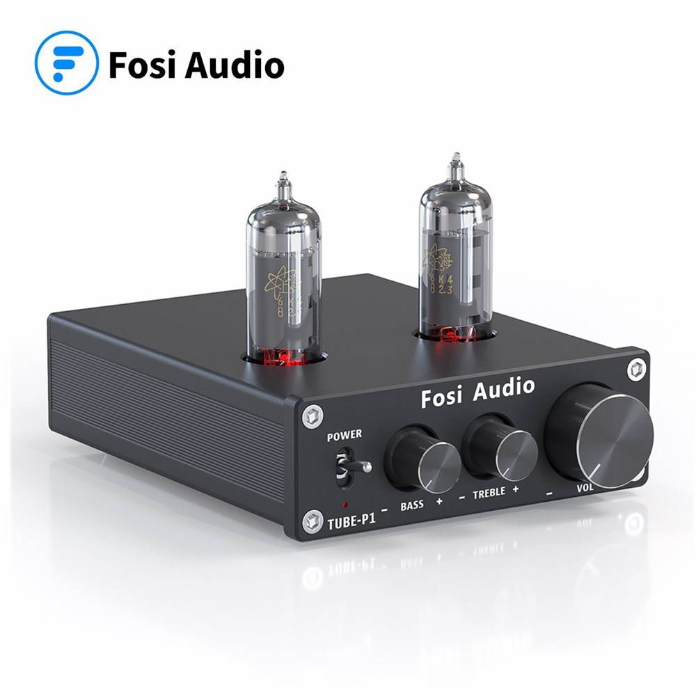Fosi Audio P1 Tube Pre-Amplifier Mini Hi-Fi Stereo Buffer Preamp 6K4 Valve & Vacuum Pre-amp with Treble & Bass Tone Control for Home Theater System