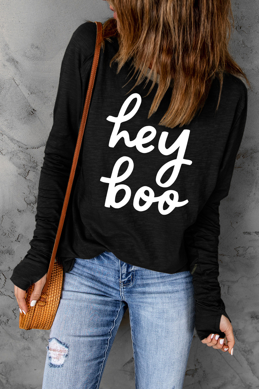 Black Hey Boo Loose Fit Crew Neck Graphic T Shirt