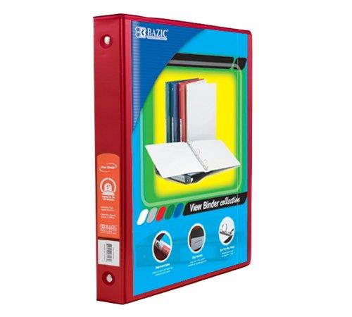 BAZIC 1" Red 3-Ring View Binder w/ 2-Pockets