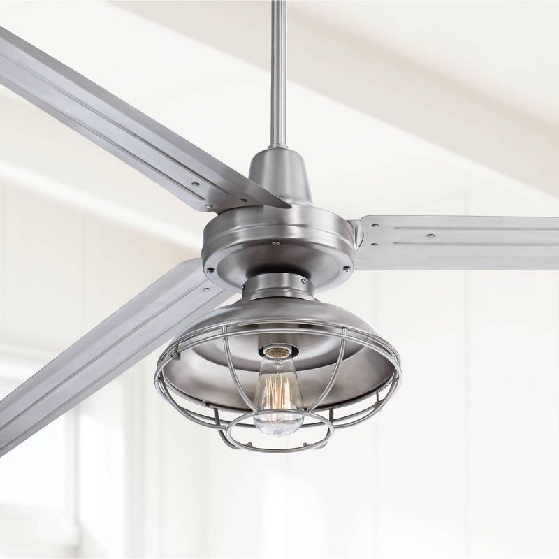 72" Casa Vieja Industrial Outdoor Ceiling Fan with Light LED Dimmable Remote Brushed Nickel Silver Blades Cage Damp Patio Porch