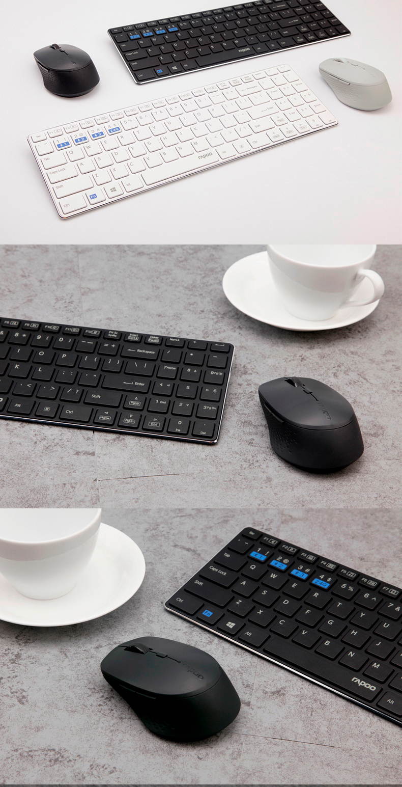 Rapoo 9300M  Ergonomic Design, Ultra-thin  Waterproof Wireless 3 Modes(Bluetooth4.0and 3.0, 2.4GHz Wireless) Connection Keyboard And 1600DPI Silent Mouse Combo For Office And Game - Black