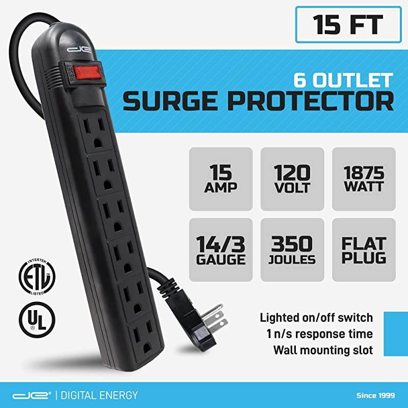 6Outlet Surge Protector Power Strip with 25 Foot Long Extension Cord Black Flat Plug ETL ListedUL Standard