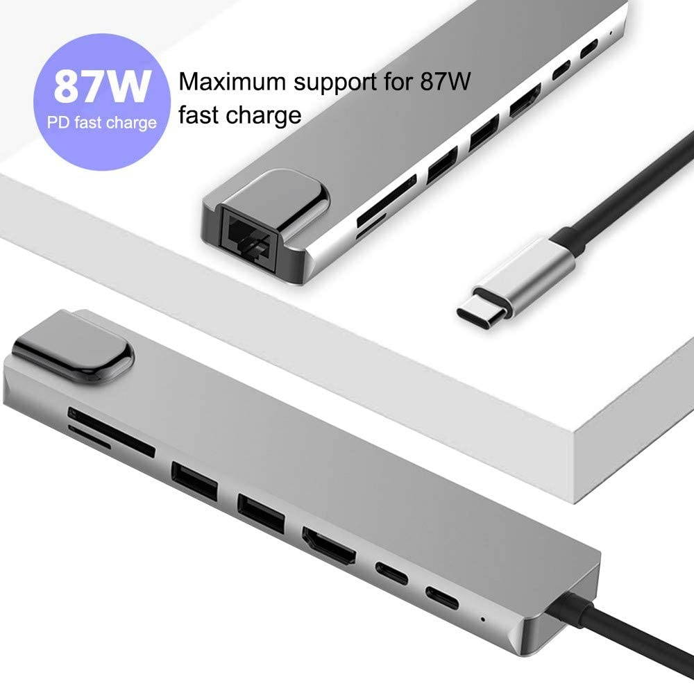 USB C Hub Multiport Adapter 8 in 1 Type C Docking Station Aluminum with 4K HDMI Output, RJ45,2 USB 3.0 Ports, SD/Micro SD Card Reader PD Charging Port Compatible for MacBook Pro,XPS