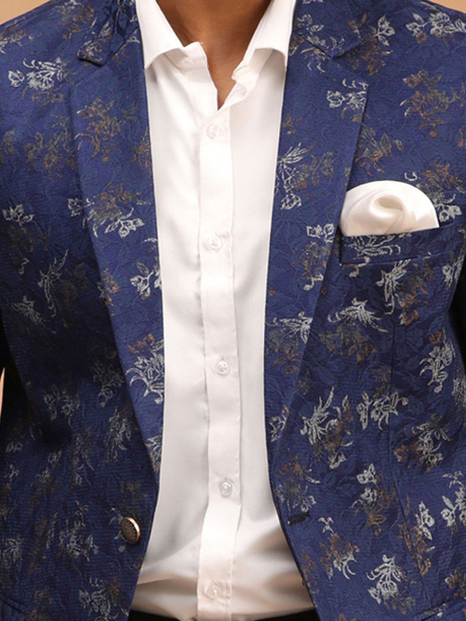 VASTRAMAY Navy Regular Fit Floral Print Ethnic Blazer