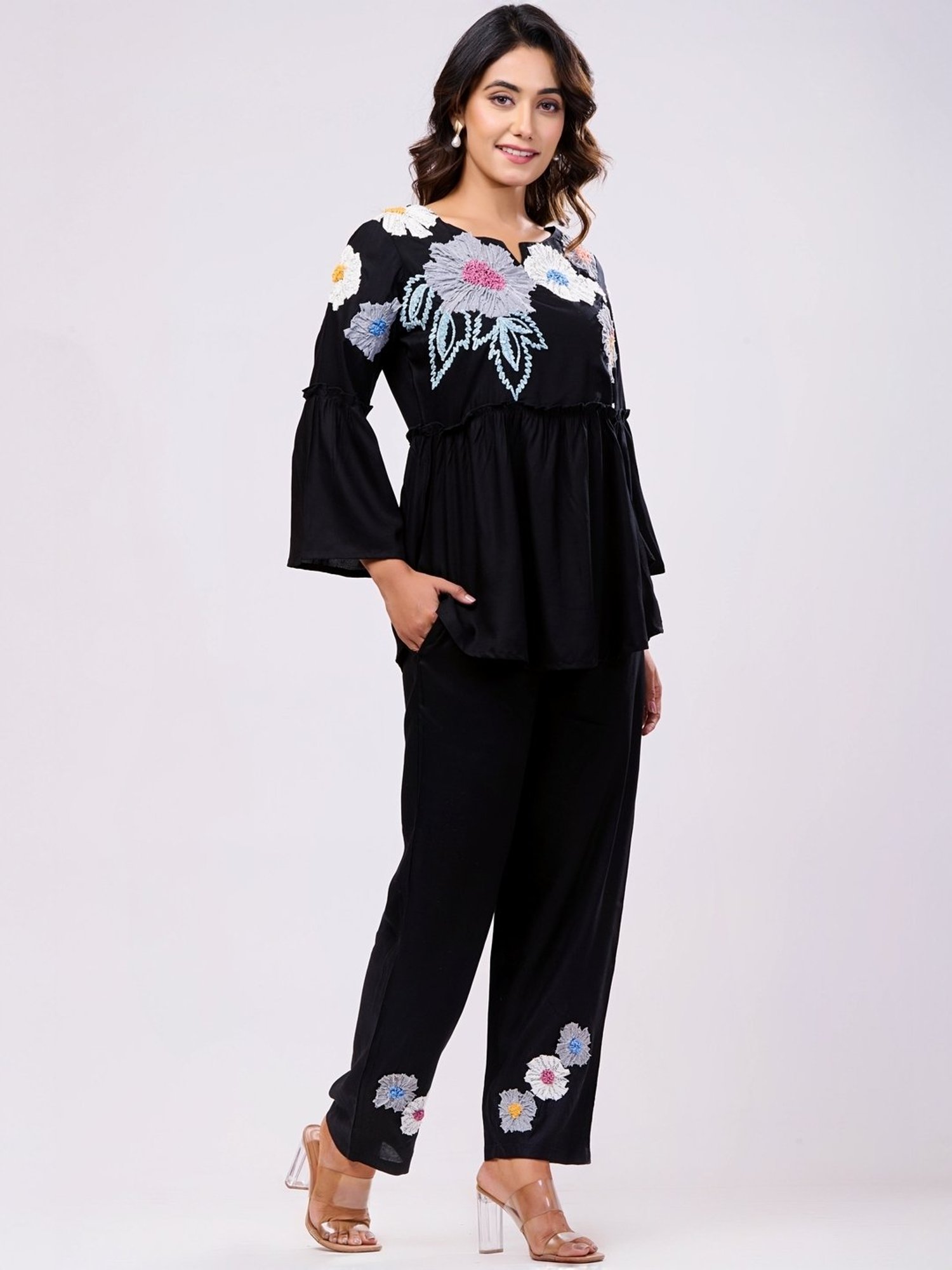 Zolo Label Black Cotton Embroidered Top Pant Set