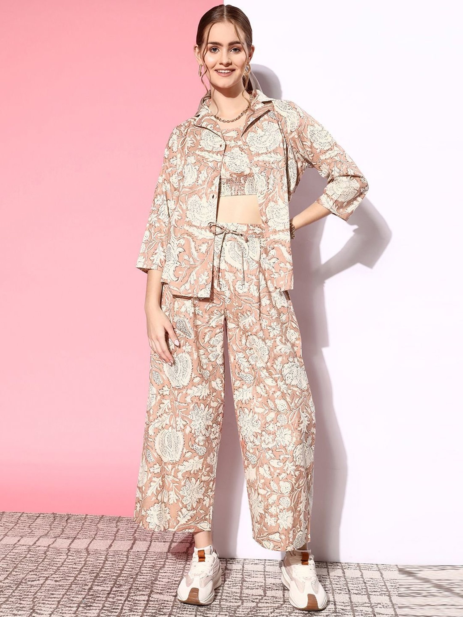 Prakrti Brown Cotton Printed Crop Top Pant Set With Overlay