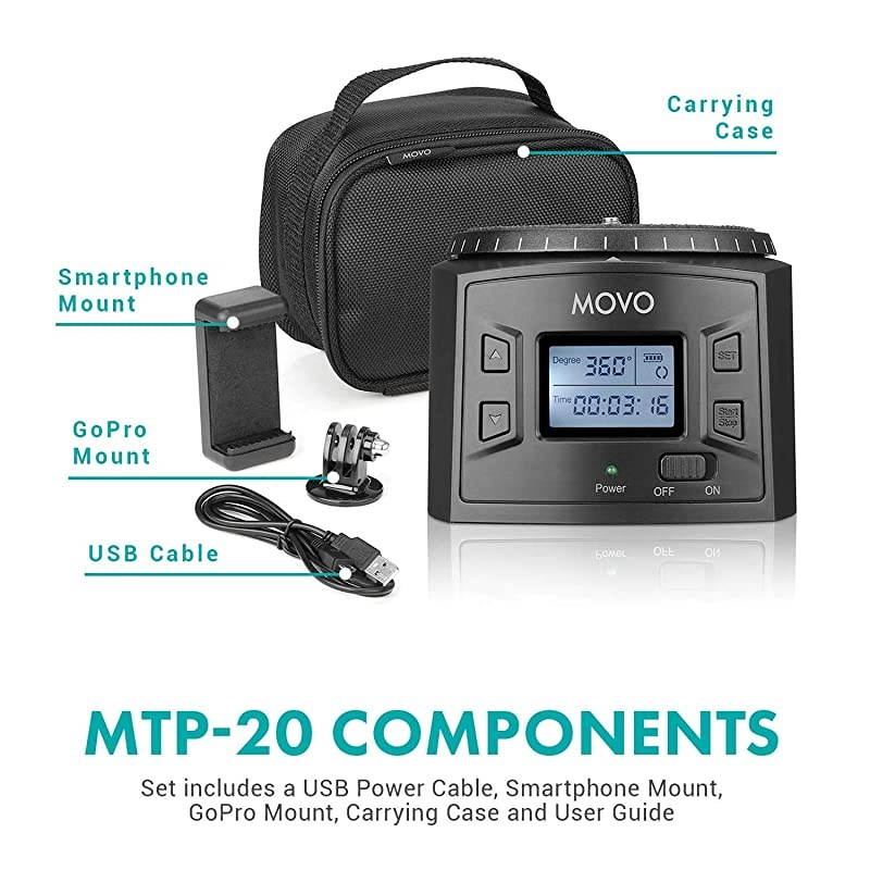 MTP20 Programmable Panoramic TimeLapse Tripod Head with Adjustable Rotating Angle Direction and Speed Compatible with Smartphones GoPro Mirrorless and DSLR Cameras up to 44 Lbs