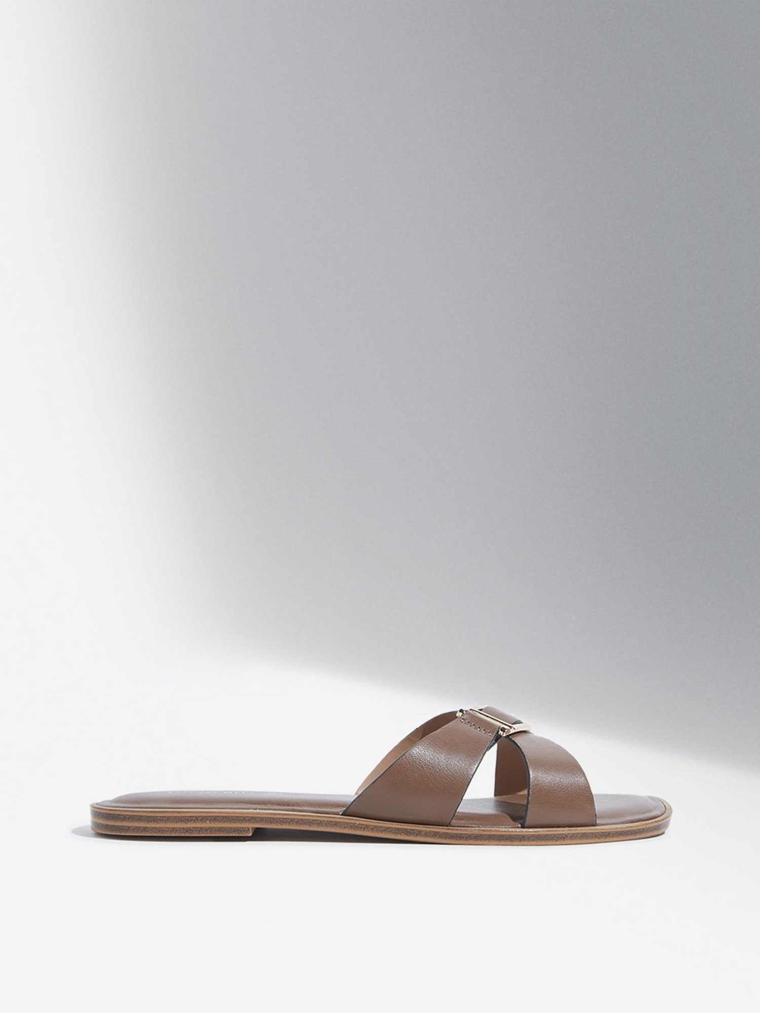 LUNA BLU by Westside Brown Cross Strap Buckle Slides